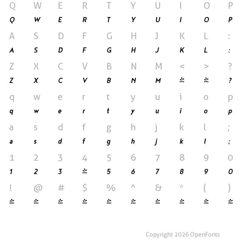 Character Map of FONTSPRING DEMO - Noyh Slim Med Bold Italic