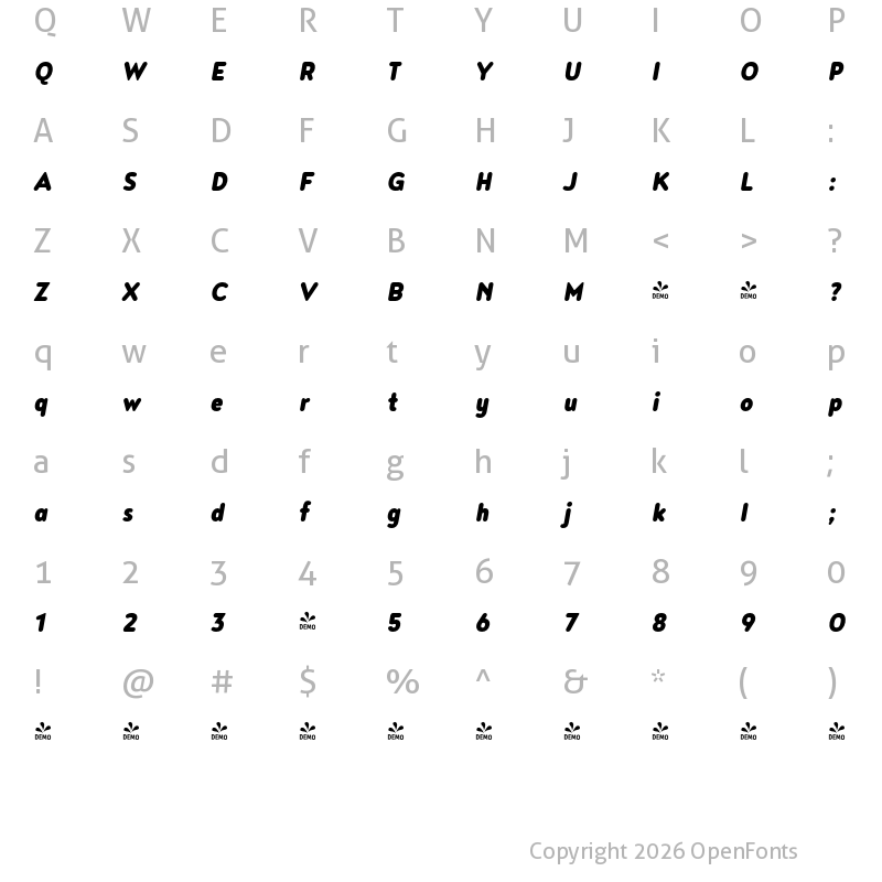 Character Map of FONTSPRING DEMO - Noyh Slim R Black Italic