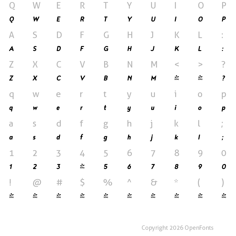 Character Map of FONTSPRING DEMO - Noyh Slim R Bold Italic