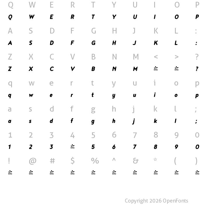 Character Map of FONTSPRING DEMO - Noyh Slim R Heavy Bold Italic