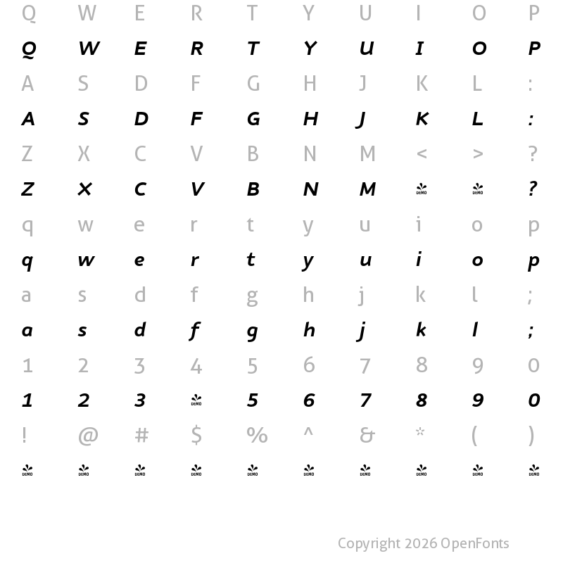 Character Map of FONTSPRING DEMO - Nubian Bold Italic Italic