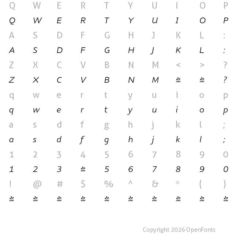 Character Map of FONTSPRING DEMO - Nubian Light Italic Italic