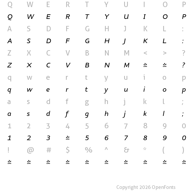 Character Map of FONTSPRING DEMO - Nubian Medium Italic Italic
