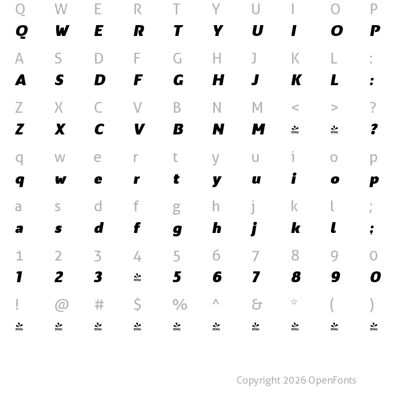 Character Map of FONTSPRING DEMO - Nula Heavy Italic Regular