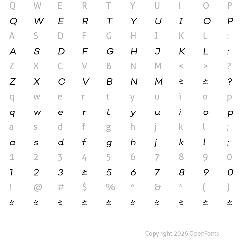 Character Map of FONTSPRING DEMO - Nutmeg Book Italic Regular