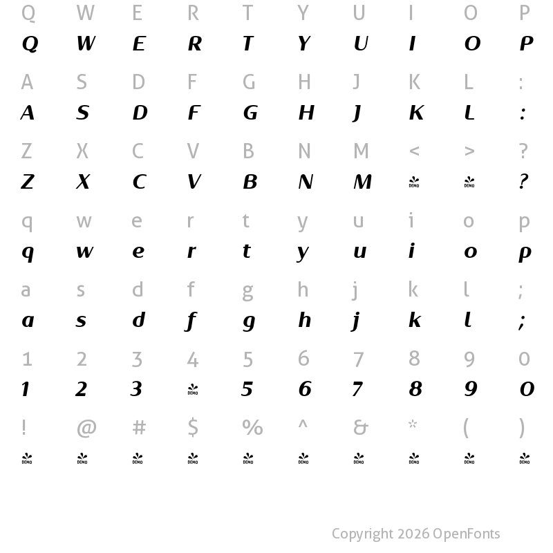 Character Map of FONTSPRING DEMO - Oblik Classic Bold Italic