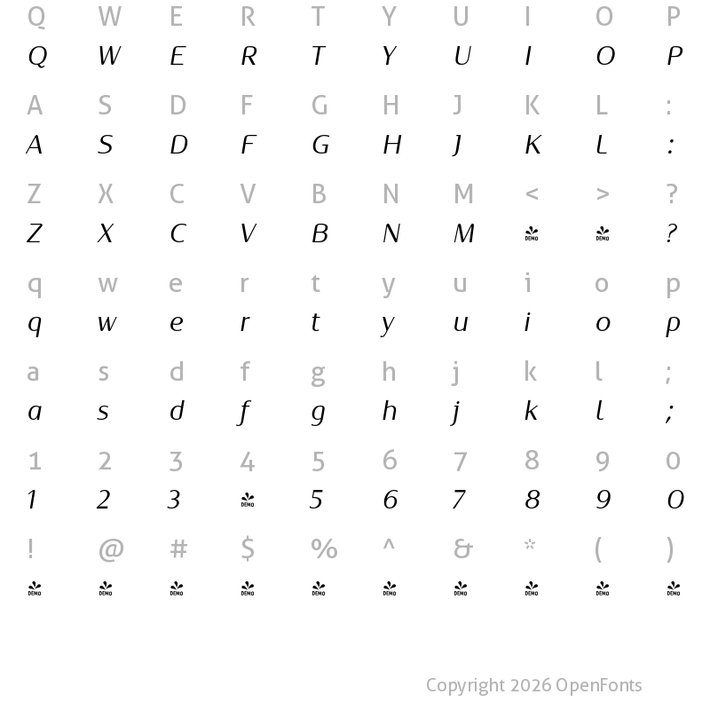 Character Map of FONTSPRING DEMO - Oblik Classic Light Italic