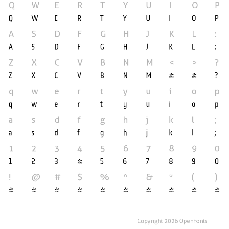 Character Map of FONTSPRING DEMO - Obvia Condensed Regular