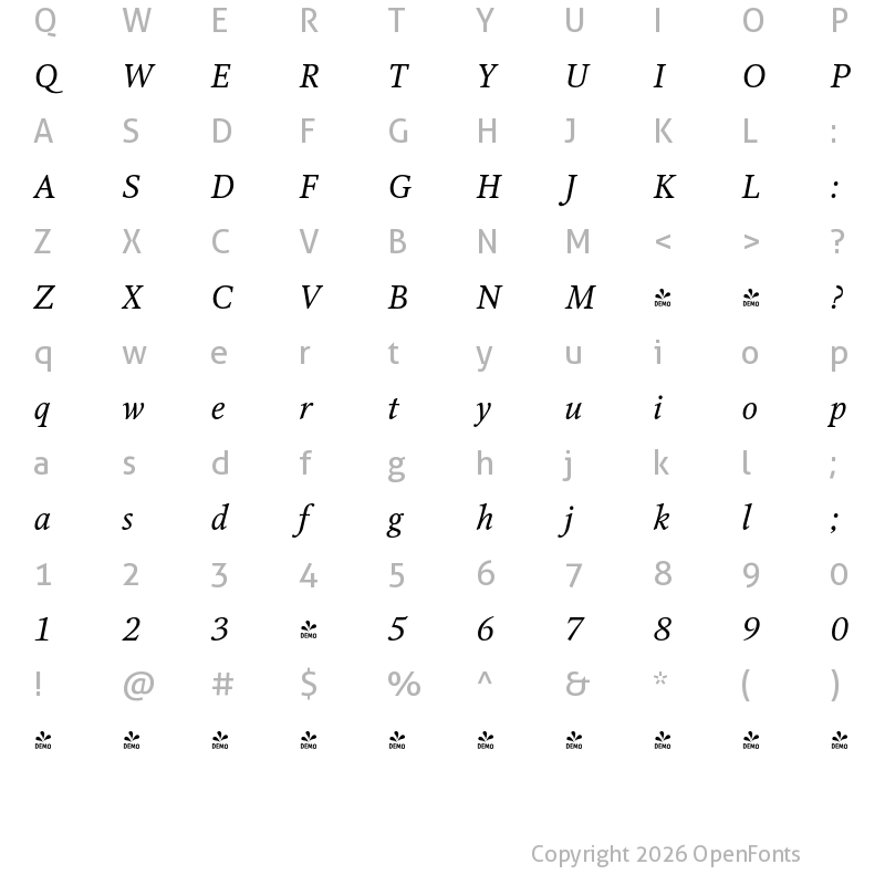 Character Map of FONTSPRING DEMO - Octava Italic