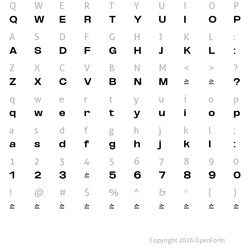 Character Map of FONTSPRING DEMO - Oddlini Bold Expanded Regular