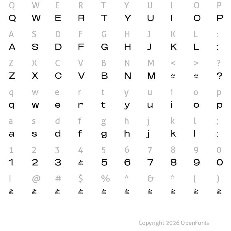 Character Map of FONTSPRING DEMO - Oddlini Extra Expanded Regular