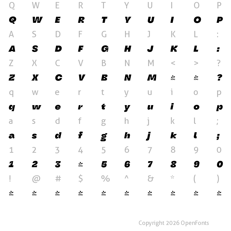Character Map of FONTSPRING DEMO - Oddval Black Italic