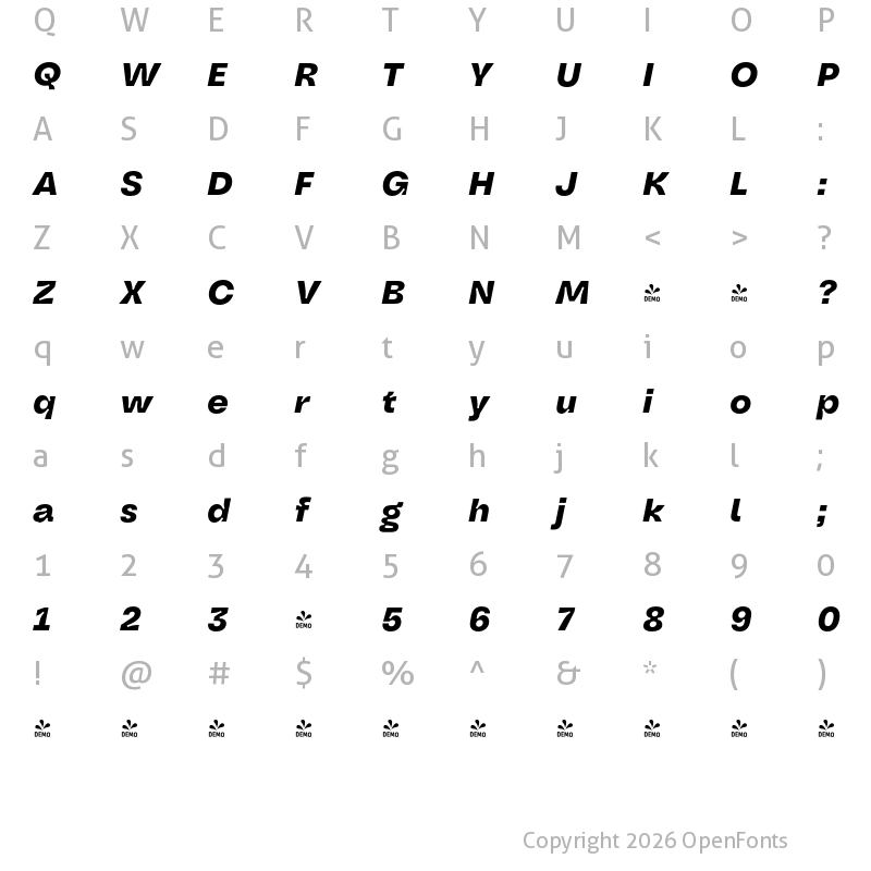 Character Map of FONTSPRING DEMO - Oddval Bold Italic