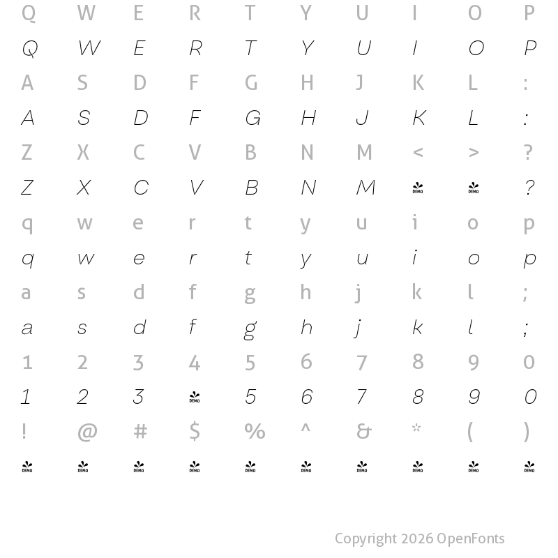 Character Map of FONTSPRING DEMO - Oddval Text Hairline Italic