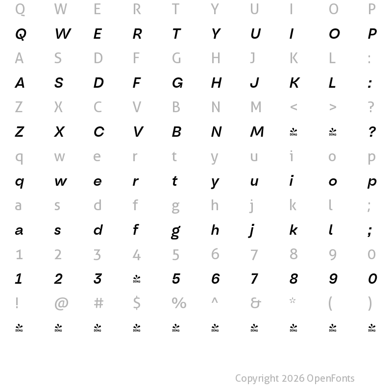 Character Map of FONTSPRING DEMO - Oddval Text Medium Italic