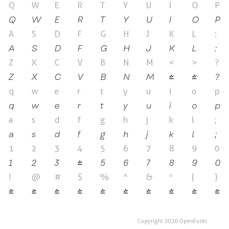 Character Map of FONTSPRING DEMO - Oddval Text Thin Italic