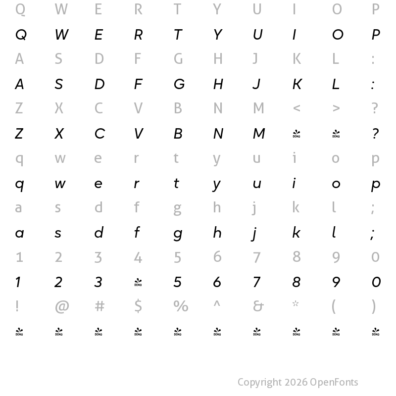 Character Map of FONTSPRING DEMO - Oktah Neue Italic