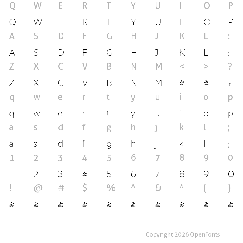 Character Map of FONTSPRING DEMO - Olivetta ExtraLight Regular