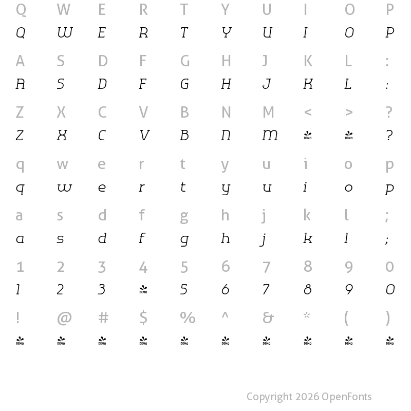 Character Map of FONTSPRING DEMO - Omni Serif Light Slanted Regular