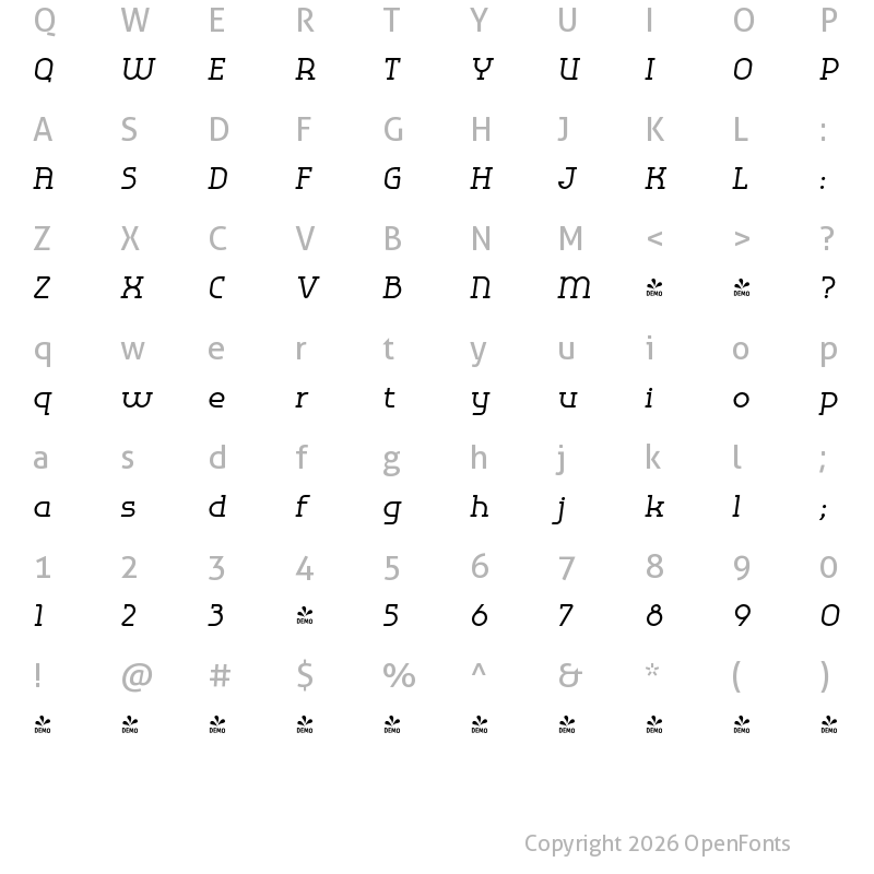 Character Map of FONTSPRING DEMO - Omni Serif Medium Slanted Regular