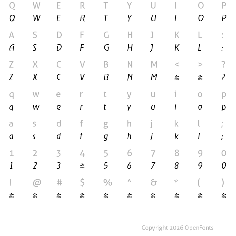 Character Map of FONTSPRING DEMO - OnStage Serial Light Italic