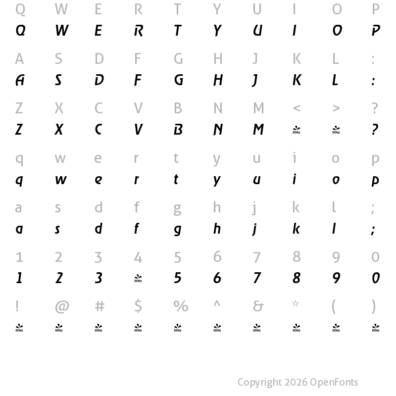 Character Map of FONTSPRING DEMO - OnStage Serial Medium Italic