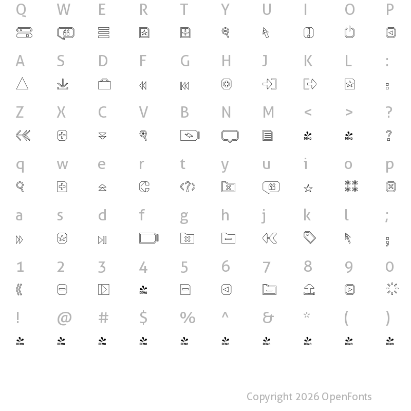 Character Map of FONTSPRING DEMO - Open TECH Neue Icons Outline Regular