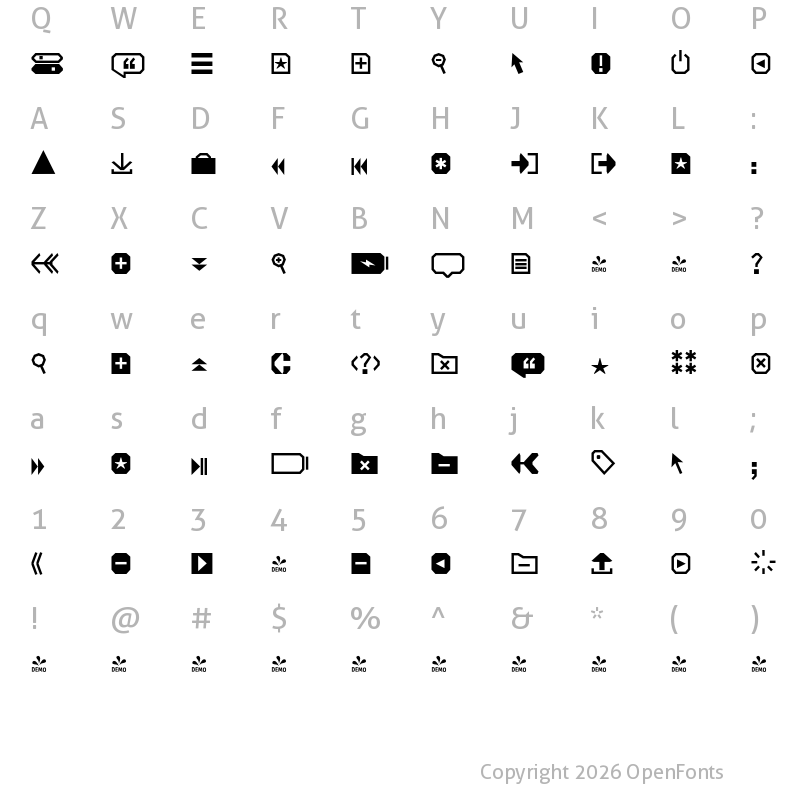 Character Map of FONTSPRING DEMO - Open TECH Neue Icons Regular