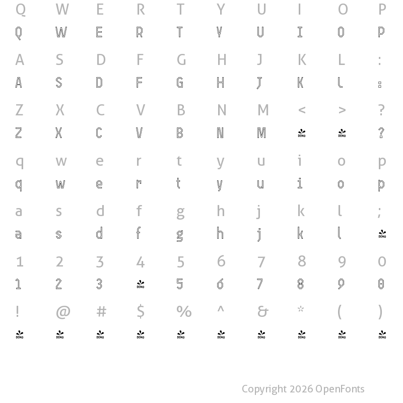 Character Map of FONTSPRING DEMO - Open TECH Neue OutlineDEMO Regular
