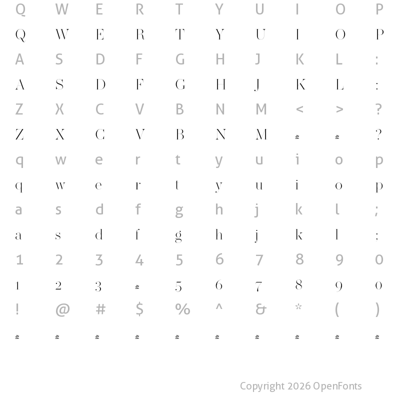 Character Map of FONTSPRING DEMO - Operetta 52 Extra Light Regular