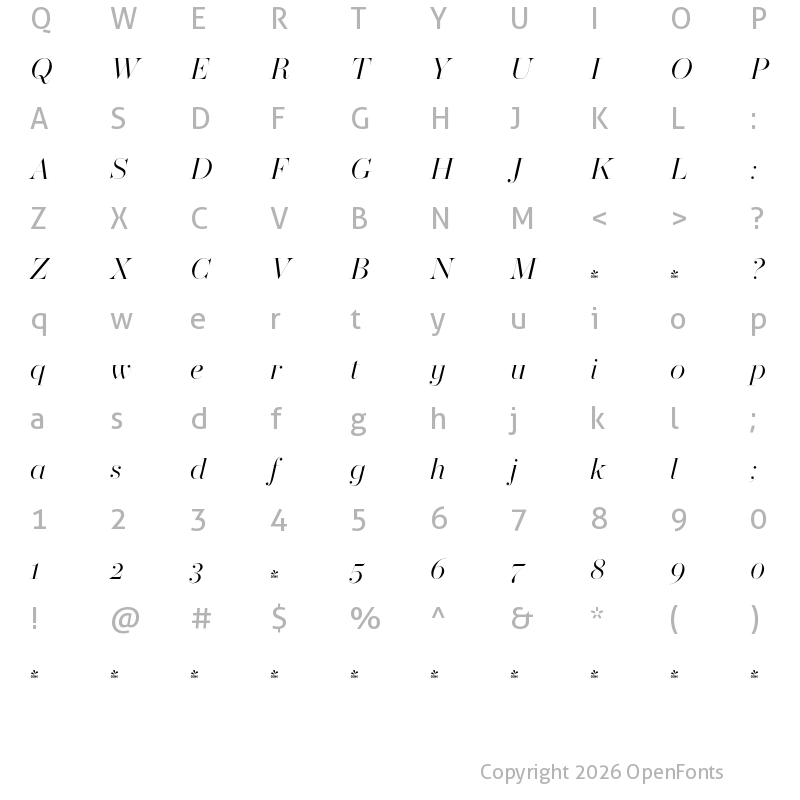 Character Map of FONTSPRING DEMO - Operetta 52 Light Italic