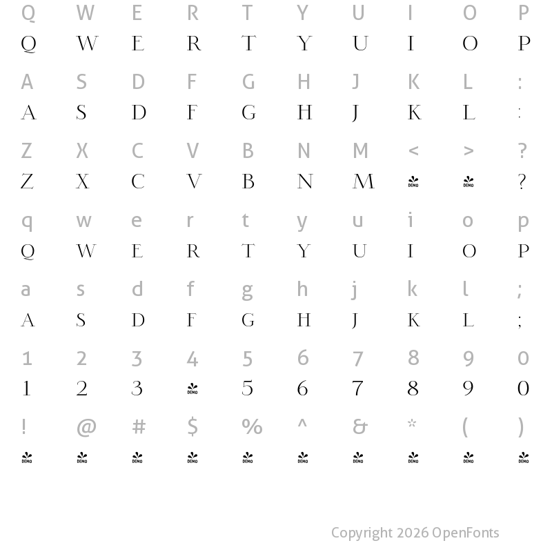 Character Map of FONTSPRING DEMO - Opheline Light Regular