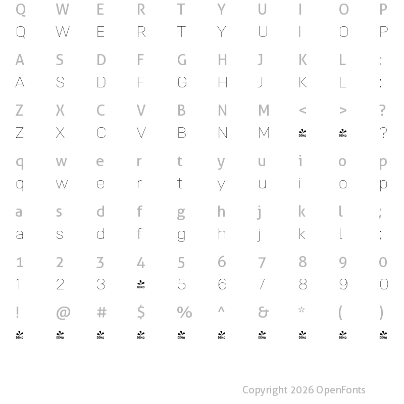Character Map of FONTSPRING DEMO - Opinion Pro Ex Th Regular