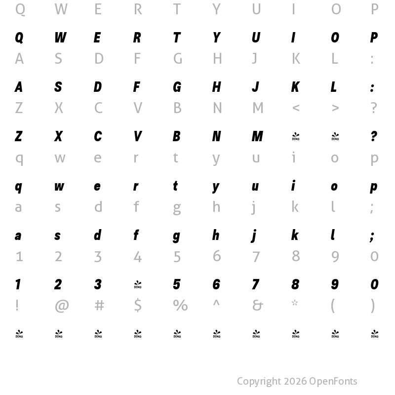 Character Map of FONTSPRING DEMO - Ordina Compressed Heavy Italic