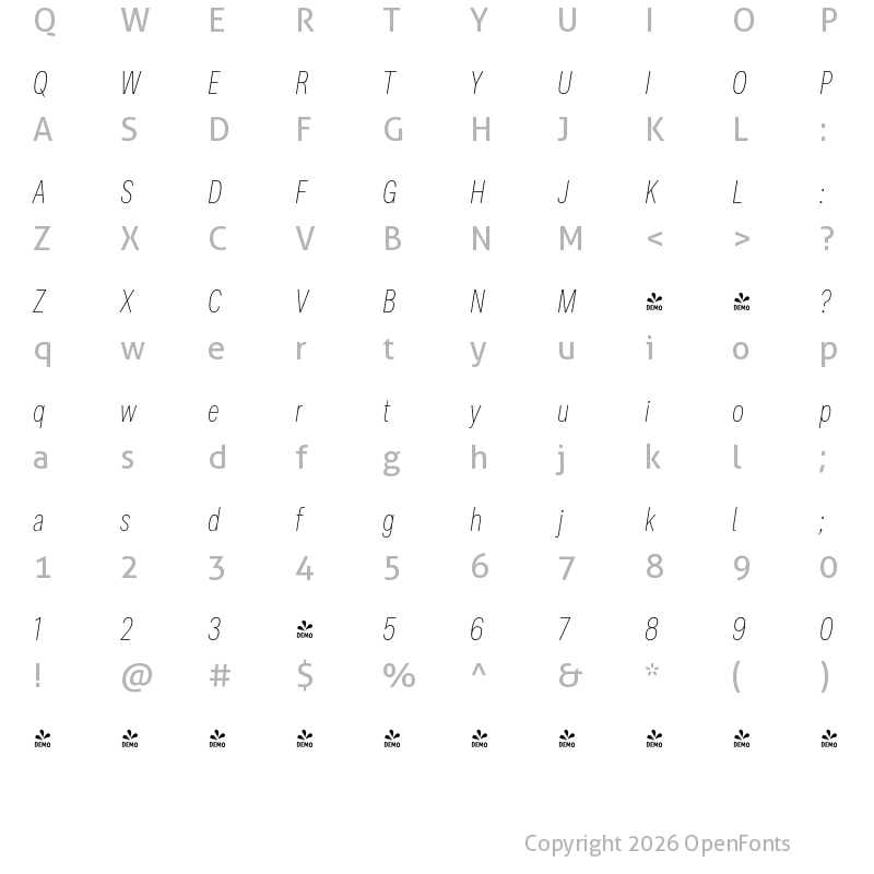 Character Map of FONTSPRING DEMO - Ordina Compressed Thin Italic