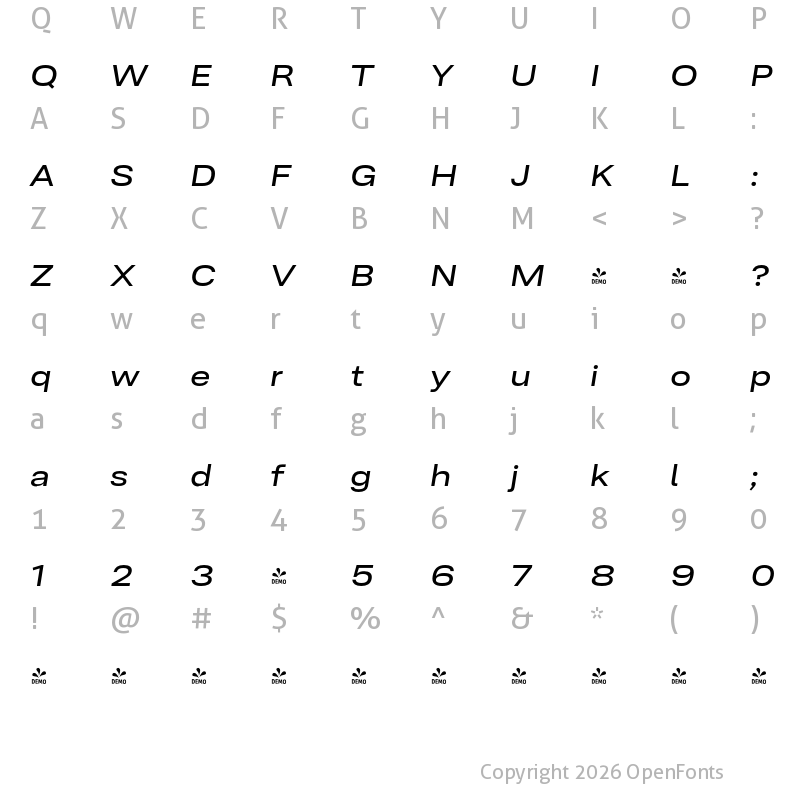 Character Map of FONTSPRING DEMO - Ordina Expanded Medium Italic