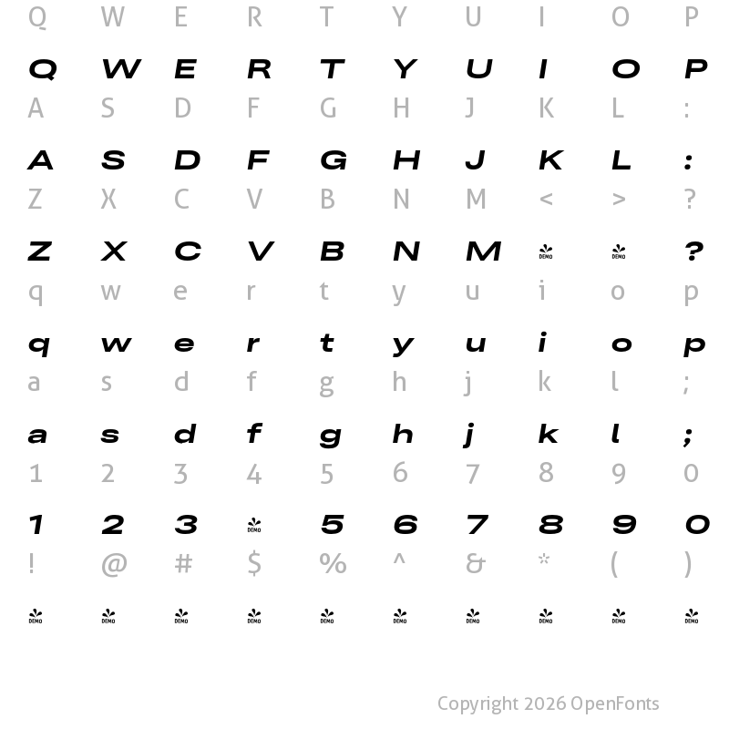 Character Map of FONTSPRING DEMO - Ordina Wide Extrabold Italic
