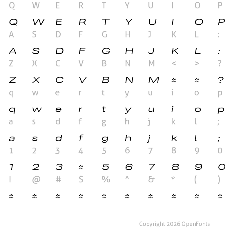 Character Map of FONTSPRING DEMO - Ordina Wide Italic