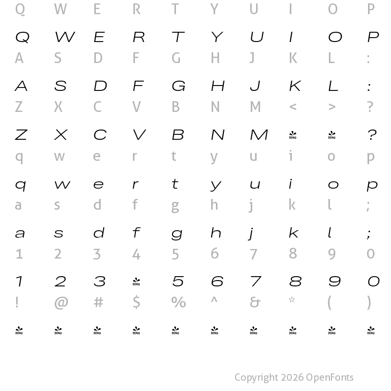 Character Map of FONTSPRING DEMO - Ordina Wide Light Italic