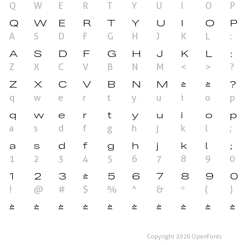 Character Map of FONTSPRING DEMO - Ordina Wide Light Regular