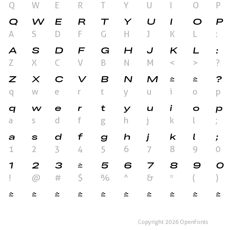 Character Map of FONTSPRING DEMO - Ordina Wide Semibold Italic