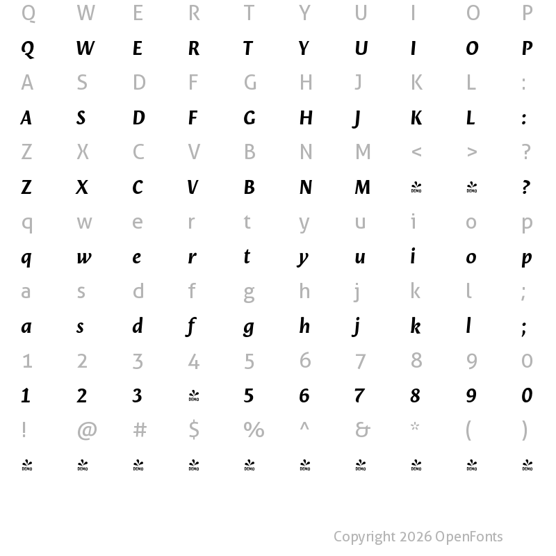 Character Map of FONTSPRING DEMO - Orenga Bold Italic Regular