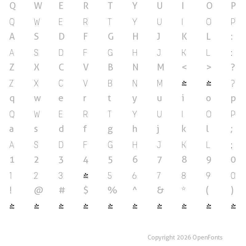 Character Map of FONTSPRING DEMO - Organetto Cnd Hair Regular