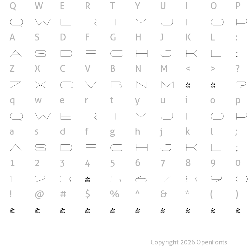 Character Map of FONTSPRING DEMO - Organetto Exp Hair Regular