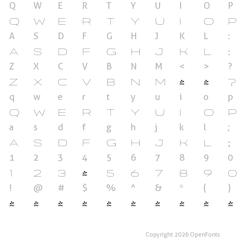 Character Map of FONTSPRING DEMO - Organetto Ext Hair Regular
