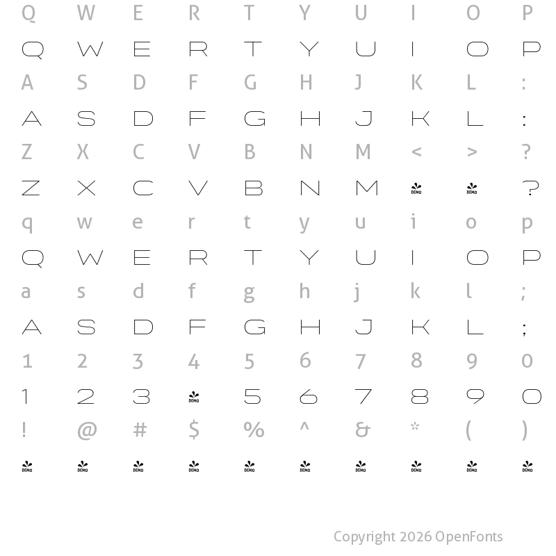 Character Map of FONTSPRING DEMO - Organetto Ext Thin Regular