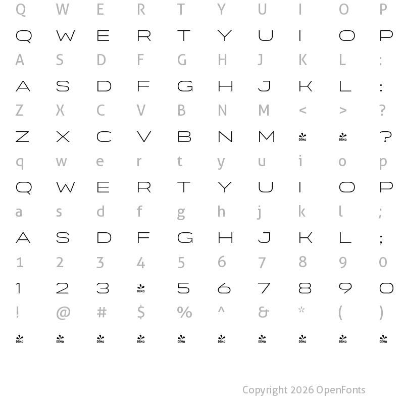 Character Map of FONTSPRING DEMO - Organetto Ext UltraLight Regular