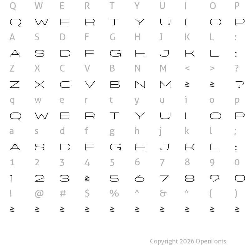 Character Map of FONTSPRING DEMO - Organetto SemiExp UltraLight Regular
