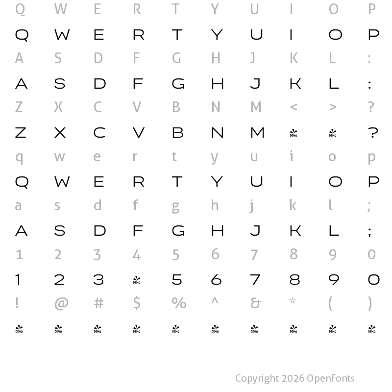 Character Map of FONTSPRING DEMO - Organetto SemiExt Light Regular