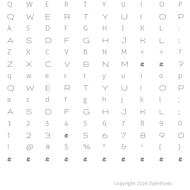 Character Map of FONTSPRING DEMO - Organetto SemiExt Thin Regular